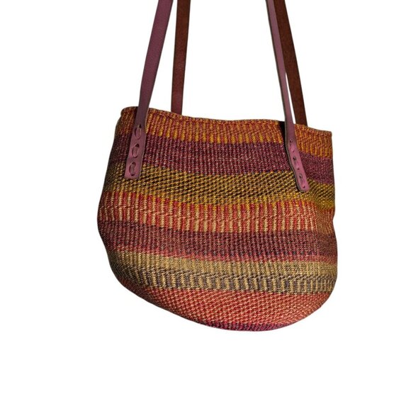 Vintage Woven Sisal Market Basket Tote Bag Leather Drawstring Closure Raffia - Picture 14 of 16